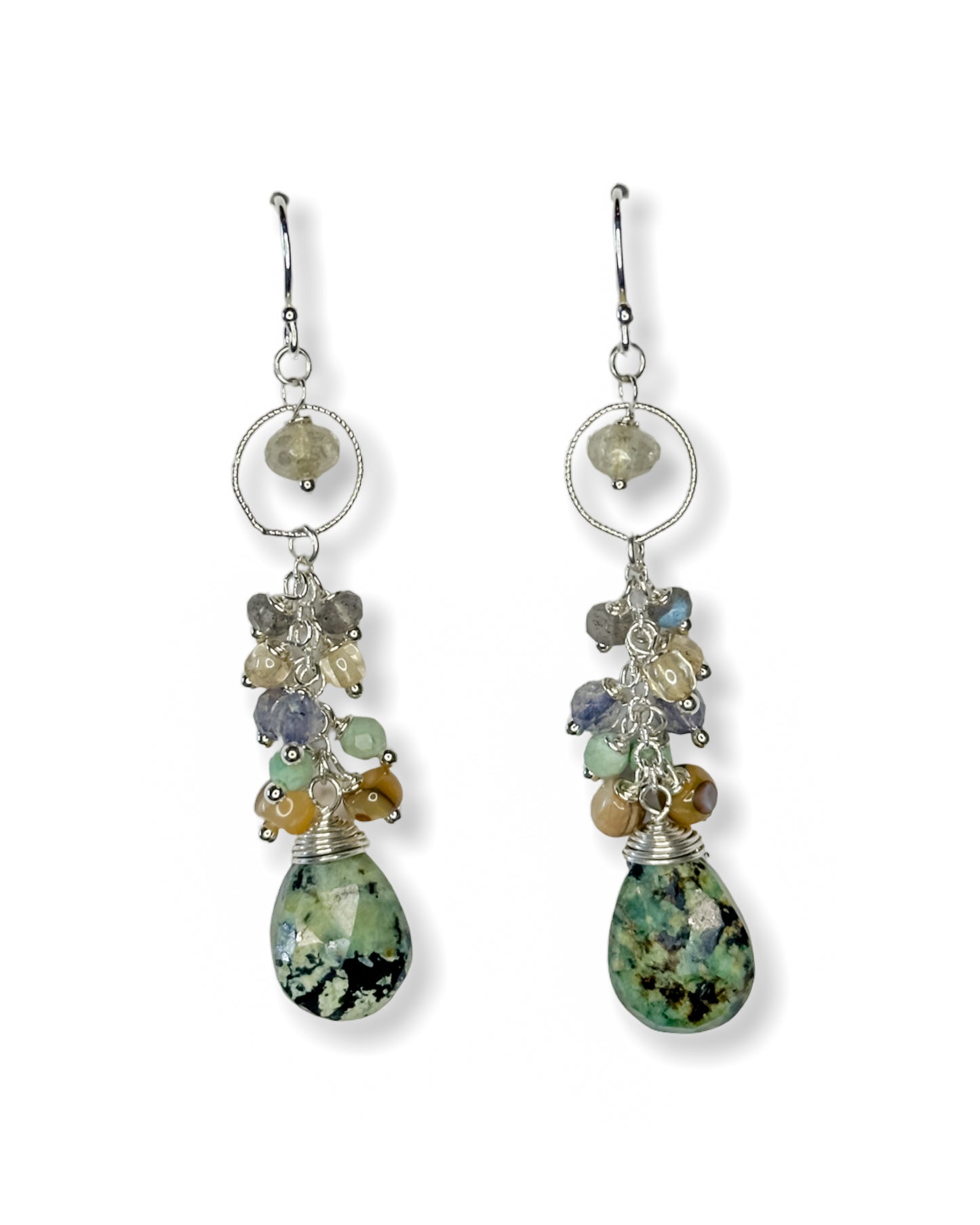 African Turquoise, Abalone + Labradorite Earrings