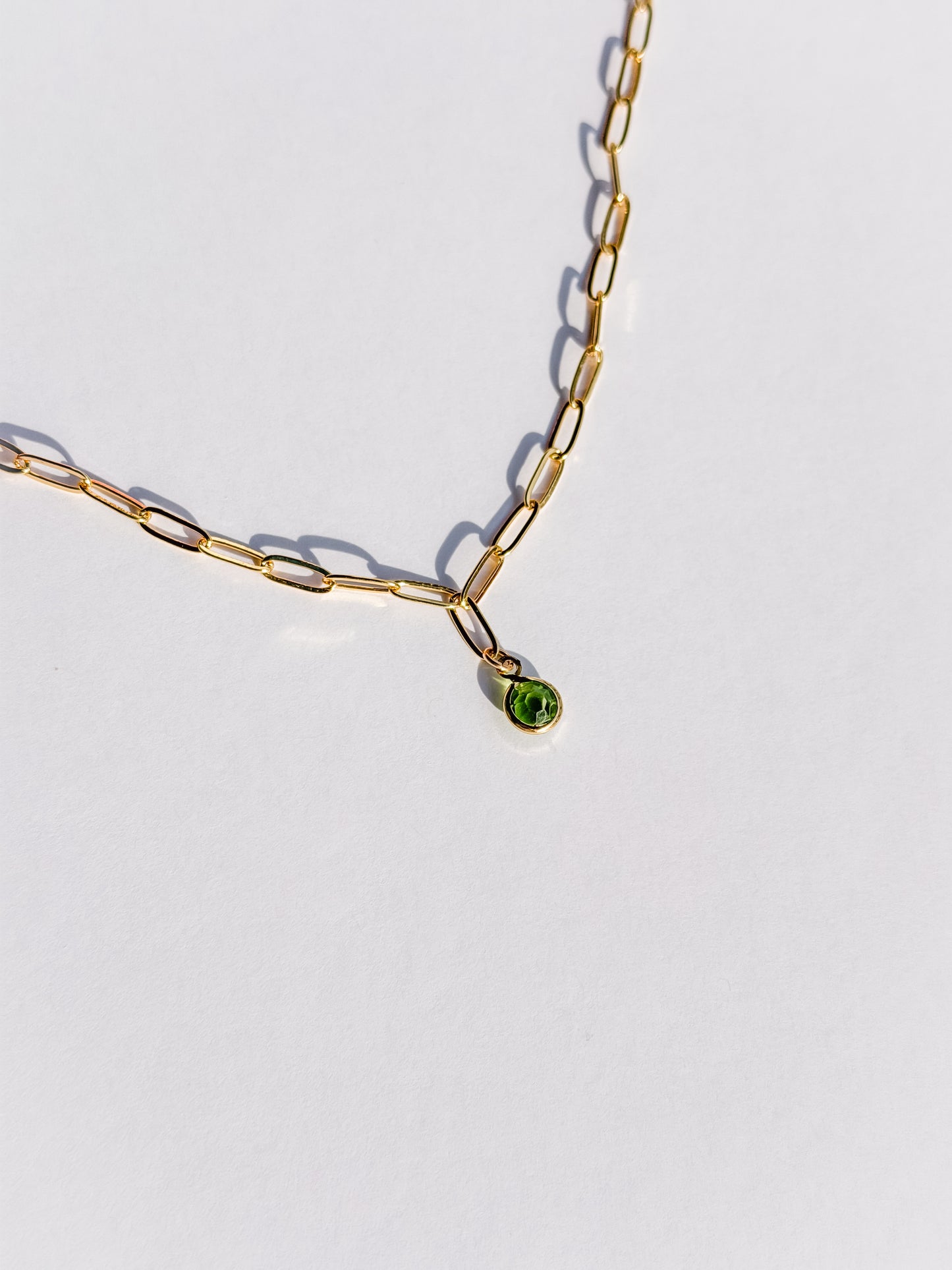 Green Crystal Gold Fill Paperclip Chain Necklace