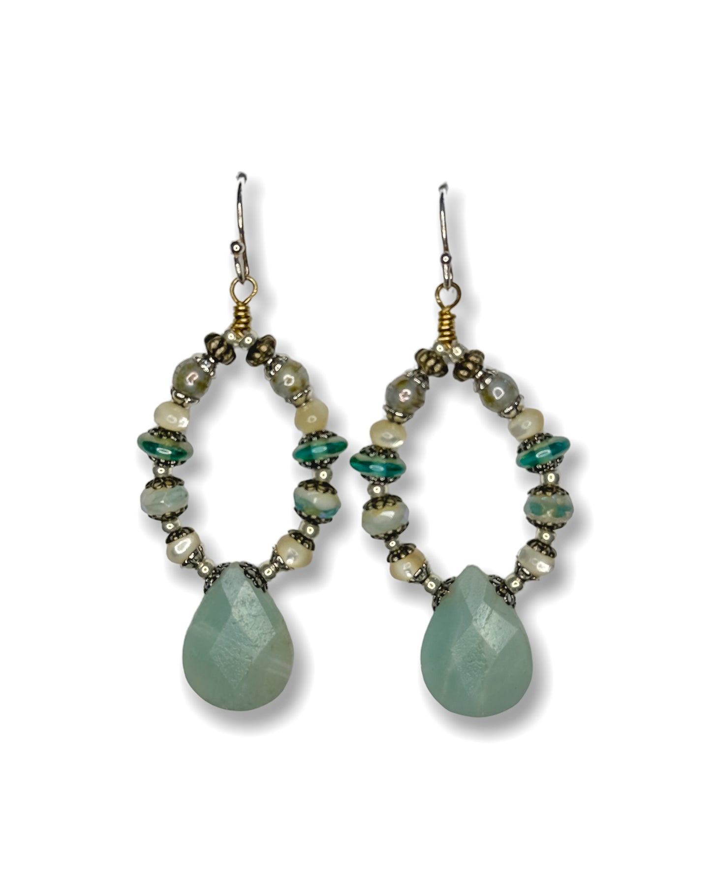 Amazonite, Mother of Pearl + Czech Glass Earrings