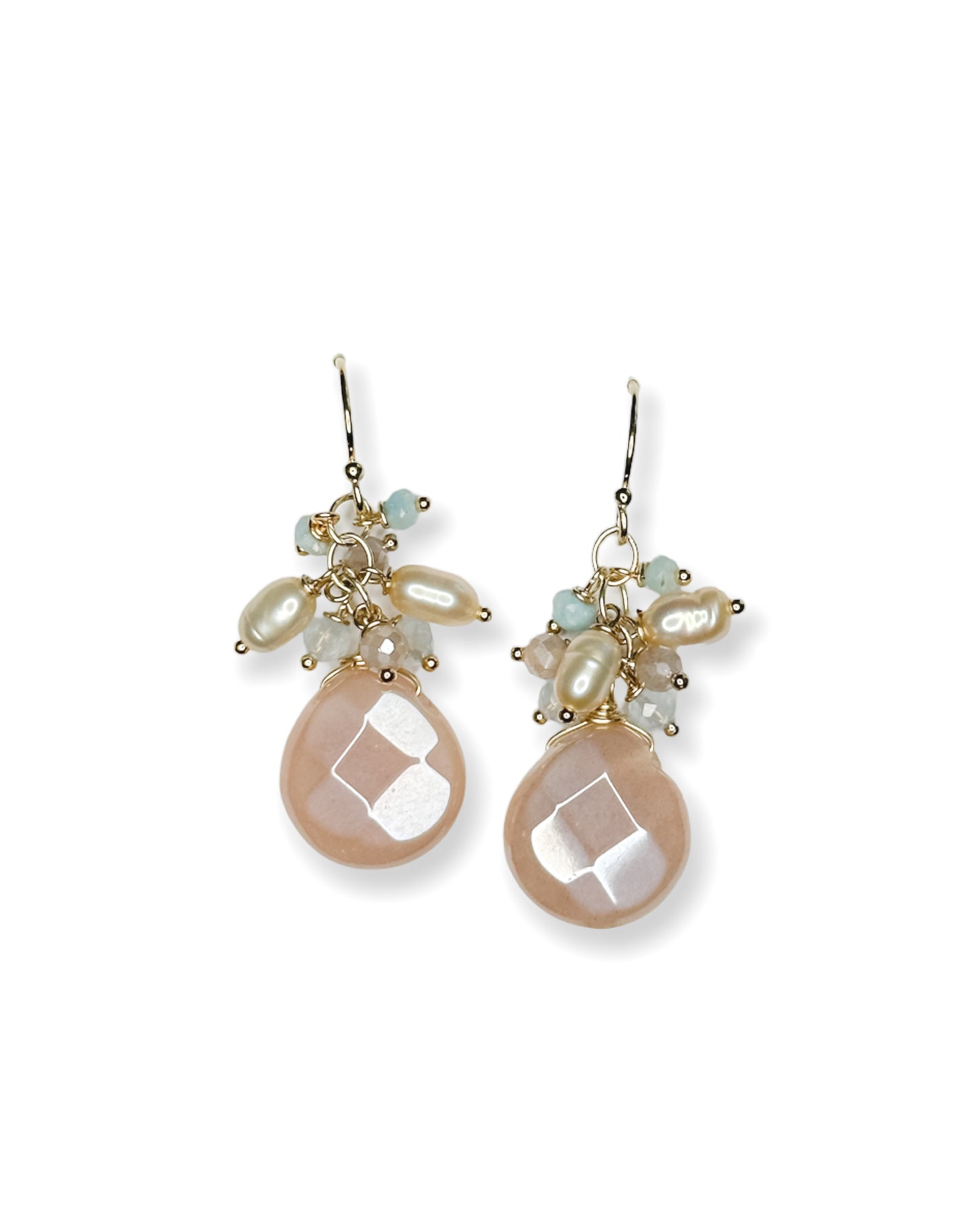 Freshwater Pearl, Aquamarine + Moonstone Earrings