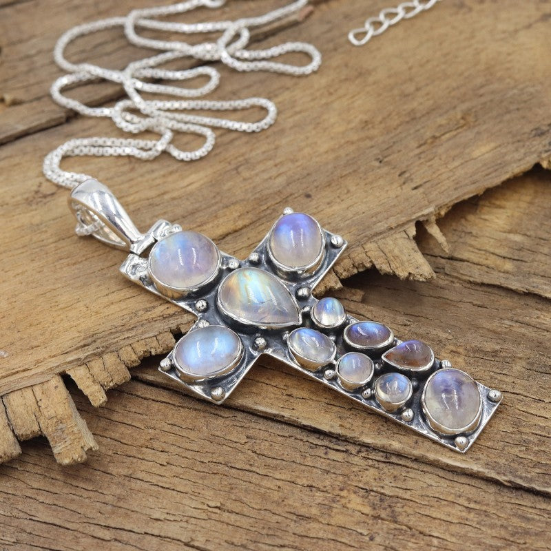 Holy Cross Pendant Rainbow Moonstone