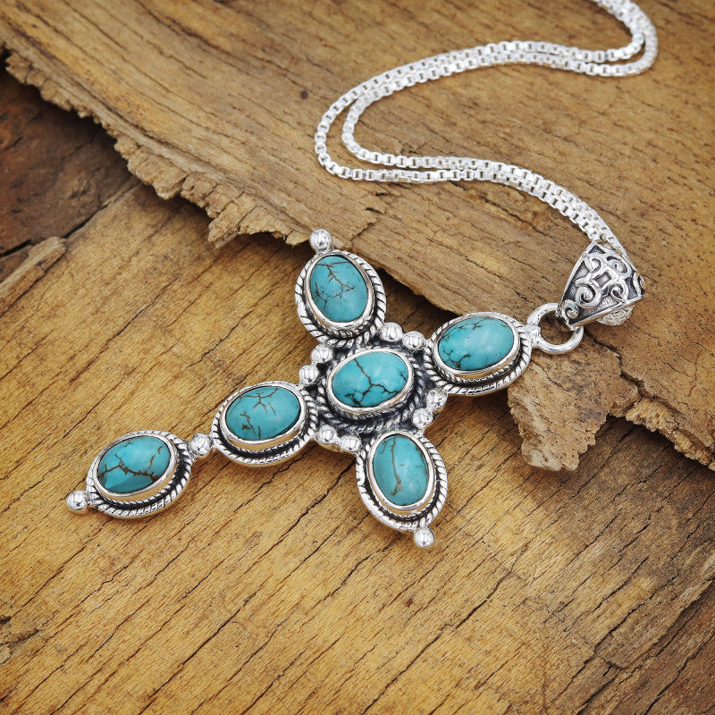 Tibetan Turquoise Holy Cross Pendant in 925 Sterling Silver