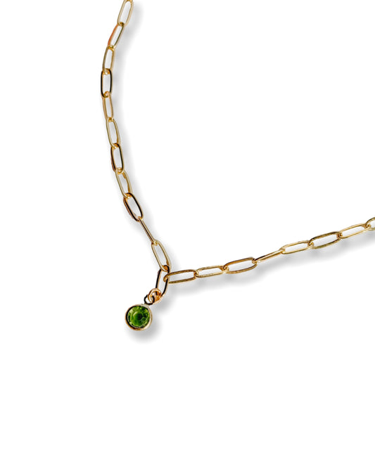 Green Crystal Gold Fill Paperclip Chain Necklace