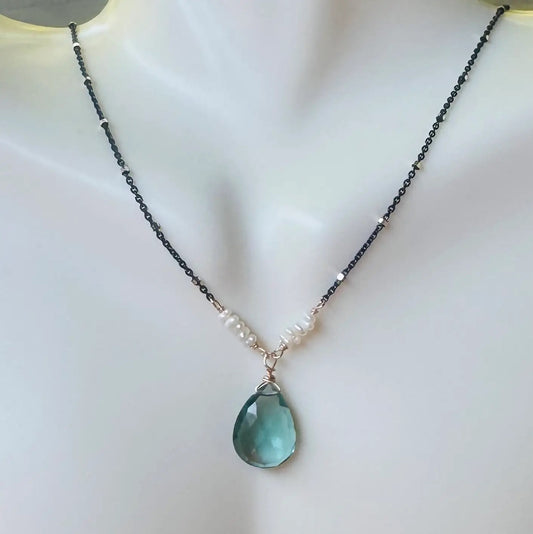 Gun Metal Sterling Silver Necklace with Blue Topaz + Pearls