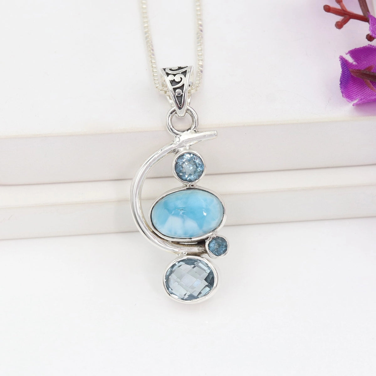 Natural Larimar Pendant in 925 Sterling Silver Trio Gemstone