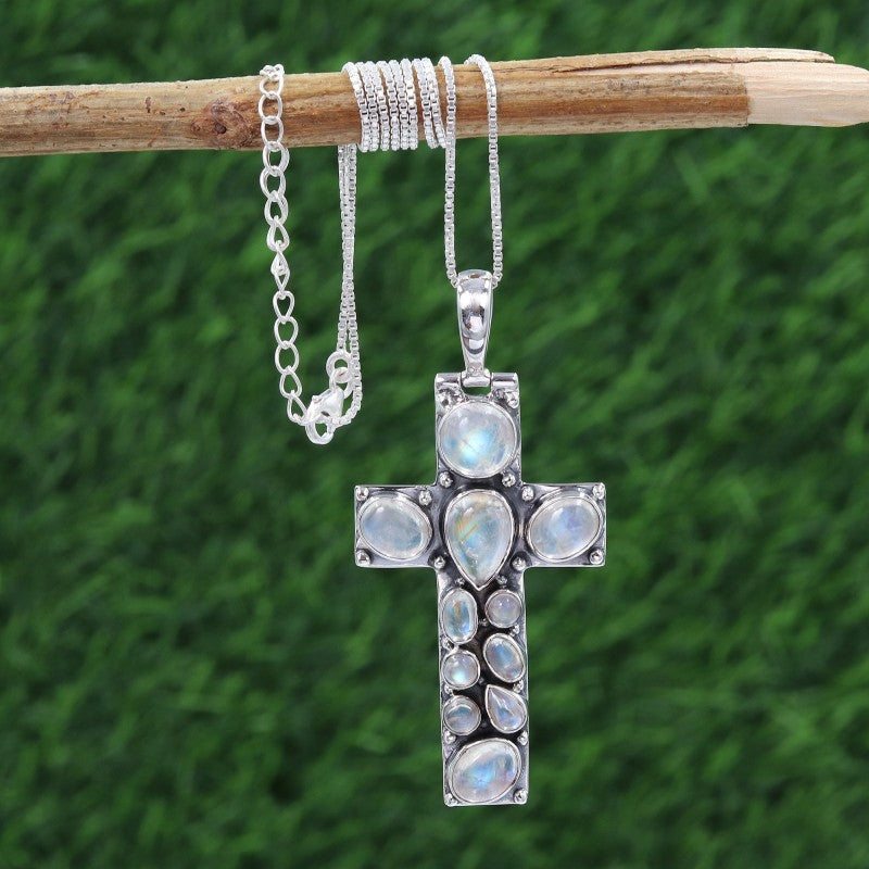 Holy Cross Pendant Rainbow Moonstone