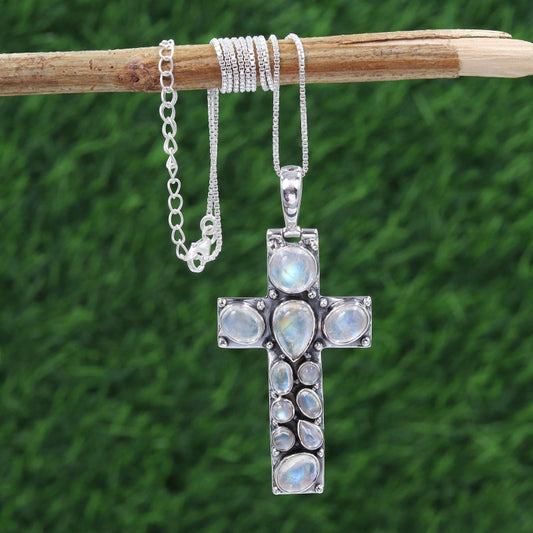 Holy Cross Pendant Rainbow Moonstone