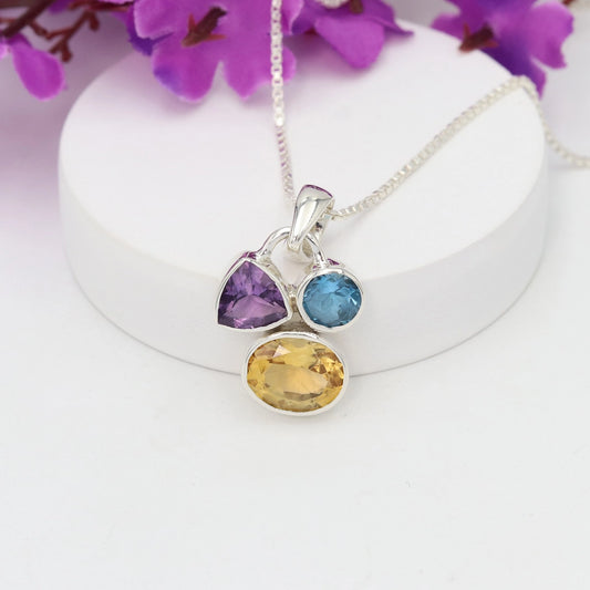 Citrine, Amethyst & Swiss Blue Topaz Pendant | 925 Silver