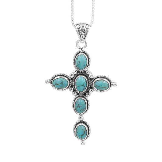 Tibetan Turquoise Holy Cross Pendant in 925 Sterling Silver