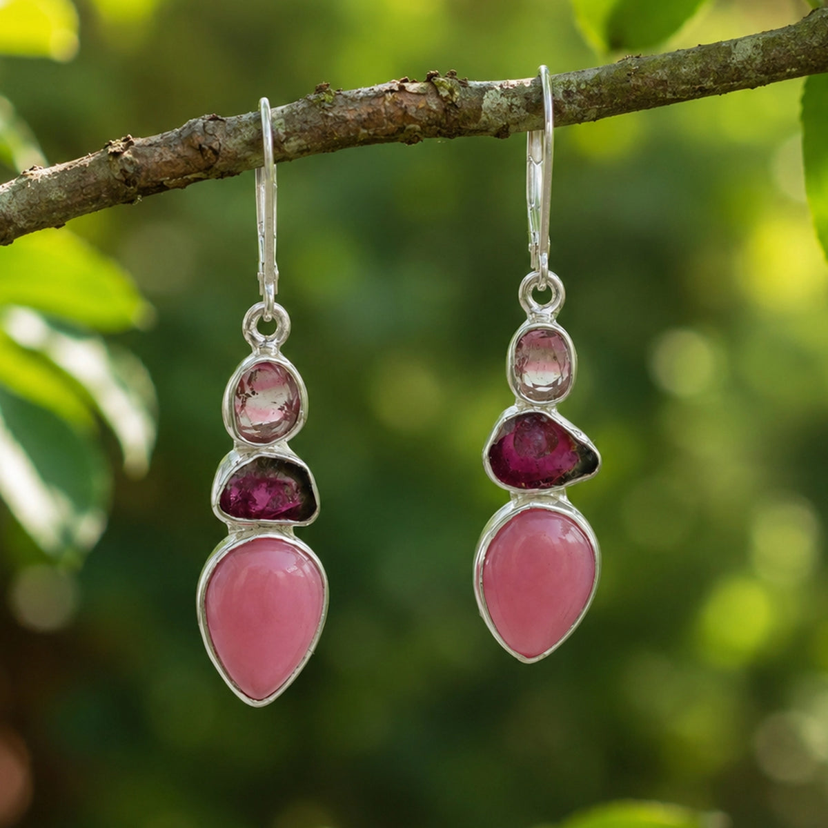 Pink Opal and Tourmaline Drop Earrings