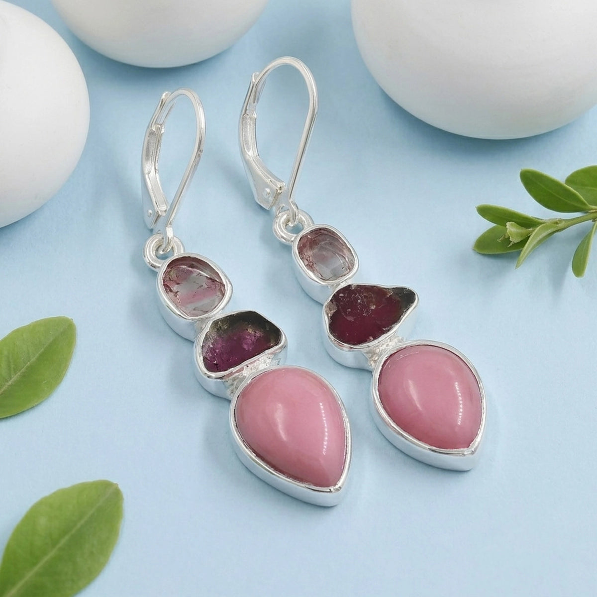 Pink Opal and Tourmaline Drop Earrings